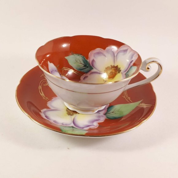 RARE !! Kyokuto Orange teacup and saucer with large flower Japan - Picture 5 of 11